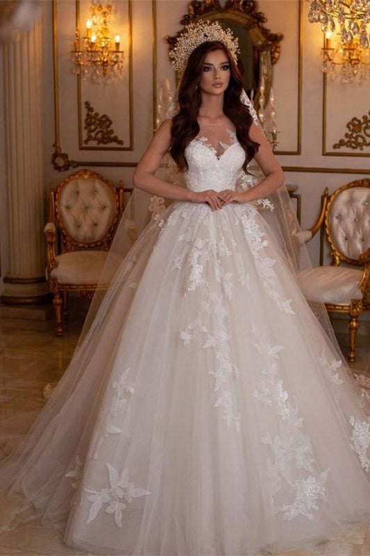 Tulle Ball Gown Sweetheart Wedding Dress with Flower Embroidery-BallBride