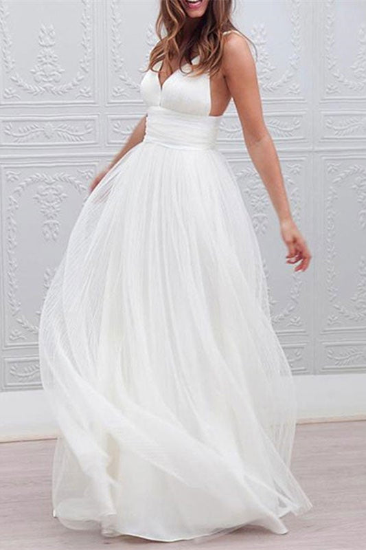 Tulle Beach Wedding Spaghetti-Straps Dress-BallBride
