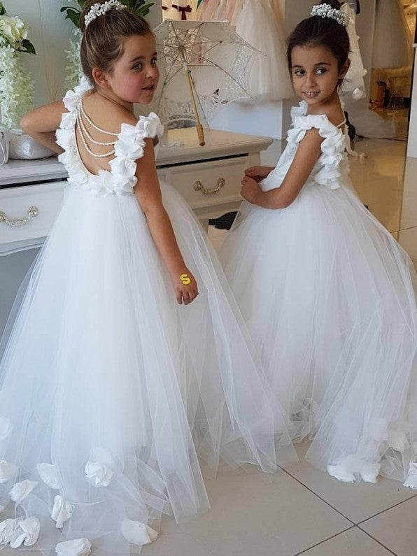 Tulle Flower Girl Dress with Pearls Appliques - Backless Sleeveless Design-BallBride