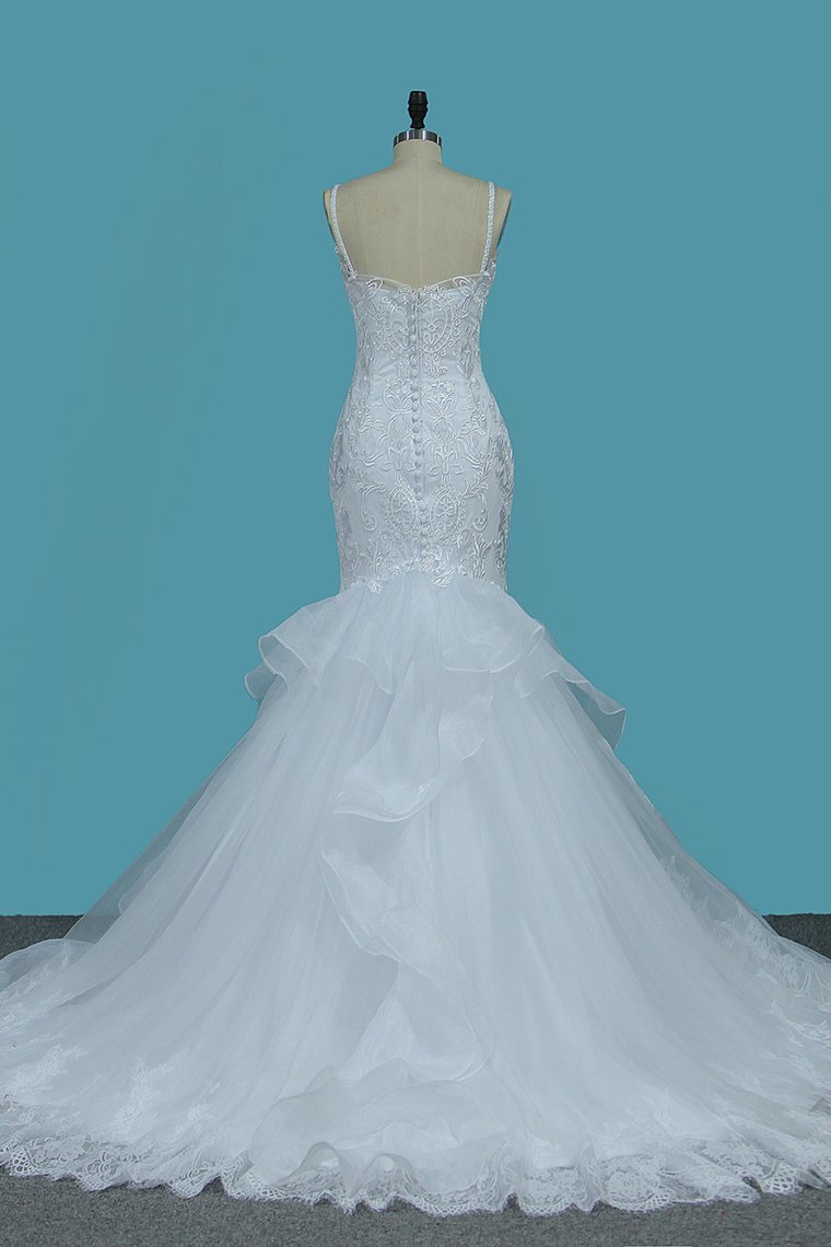 Tulle Mermaid Wedding Dress With Appliques Lace and Spaghetti-Straps Backless Floor-length-BallBride