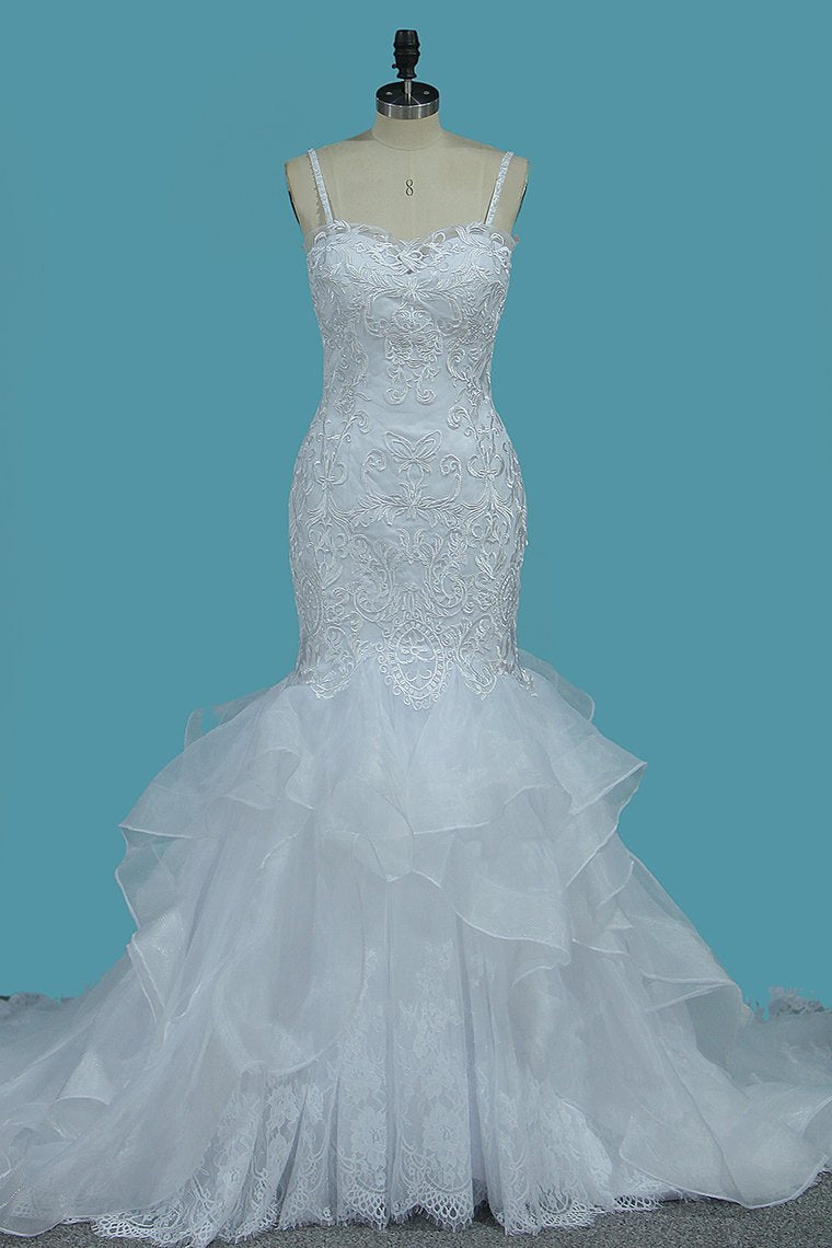 Tulle Mermaid Wedding Dress With Appliques Lace and Spaghetti-Straps Backless Floor-length-BallBride