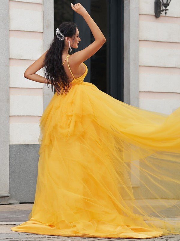 Tulle Prom Dress with Spaghetti-Straps and High-Lo Hem-BallBride