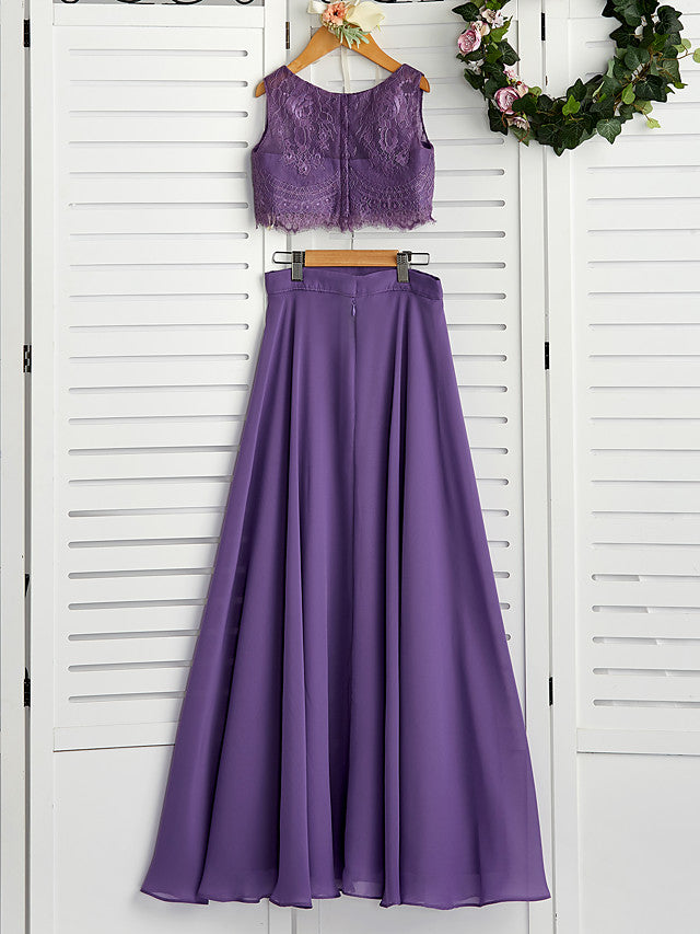 Two Piece A-Line Maxi Chiffon Lace Flower Girl Dress with Pleats-BallBride
