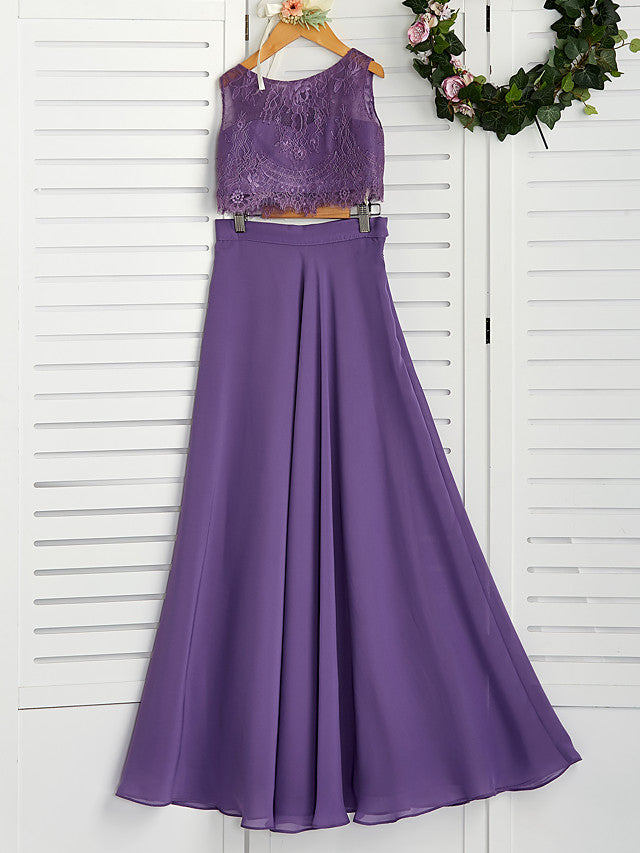 Two Piece A-Line Maxi Chiffon Lace Flower Girl Dress with Pleats-BallBride