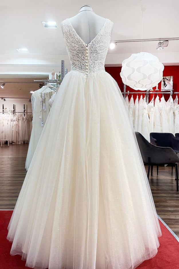 Unique Ivory Wedding Dress with V-neck Ruffles and Tulle Lace-BallBride