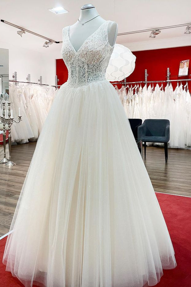 Unique Ivory Wedding Dress with V-neck Ruffles and Tulle Lace-BallBride