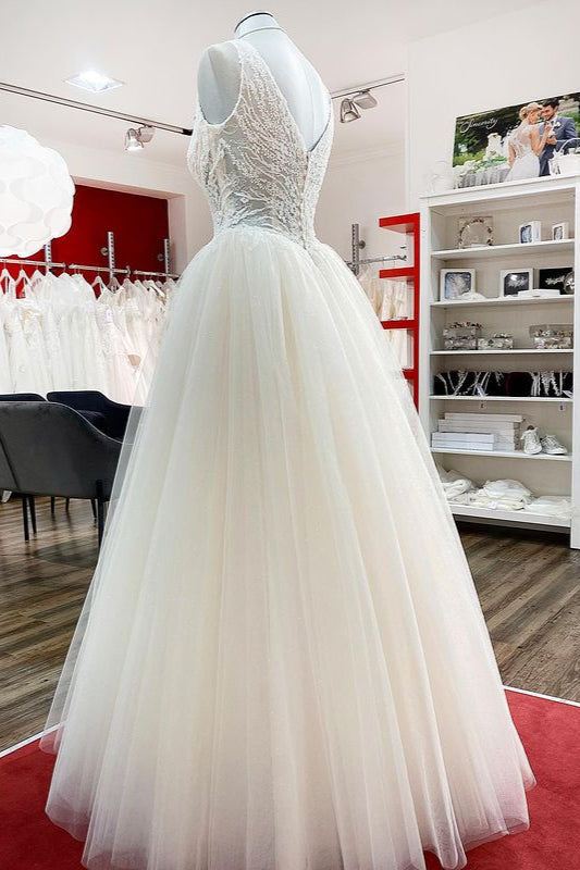 Unique Ivory Wedding Dress with V-neck Ruffles and Tulle Lace-BallBride