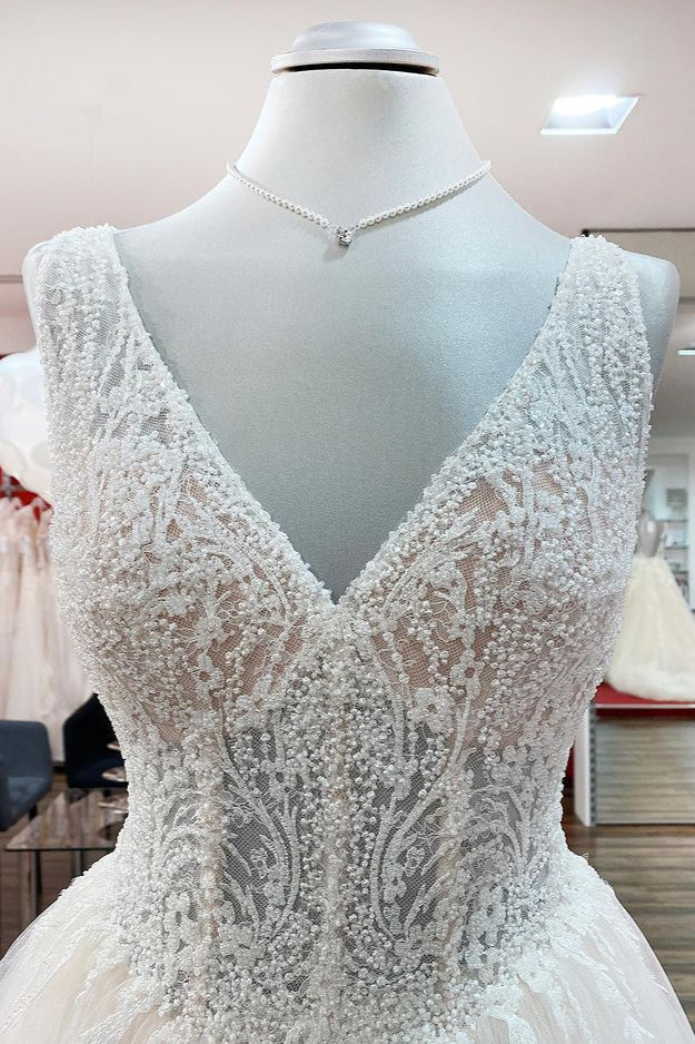 Unique Ivory Wedding Dress with V-neck Ruffles and Tulle Lace-BallBride