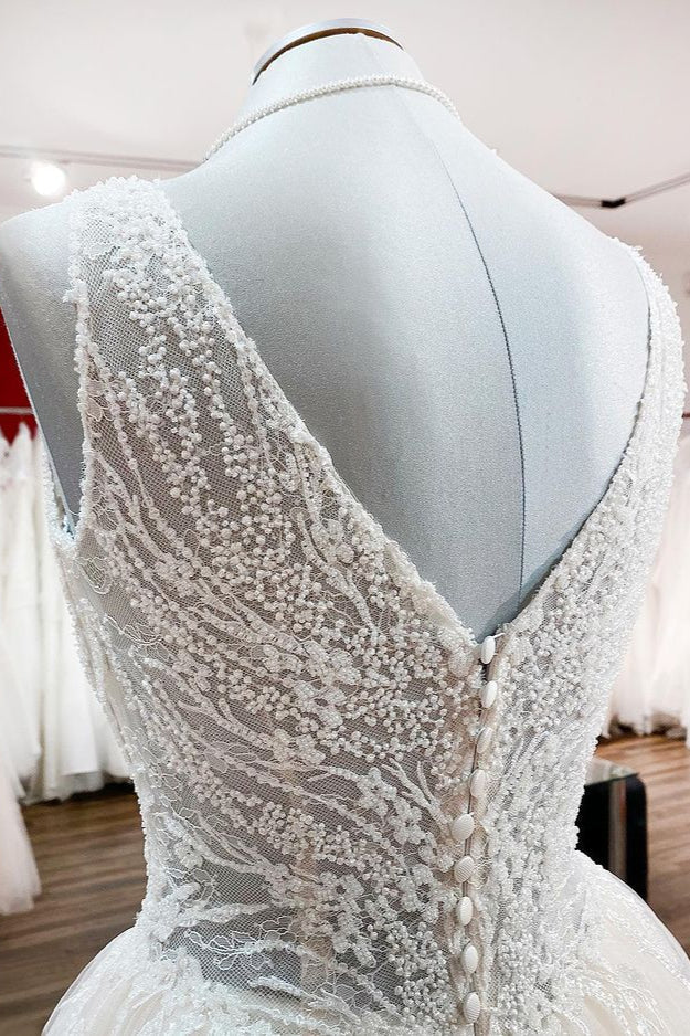 Unique Ivory Wedding Dress with V-neck Ruffles and Tulle Lace-BallBride