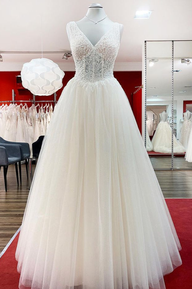 Unique Ivory Wedding Dress with V-neck Ruffles and Tulle Lace-BallBride