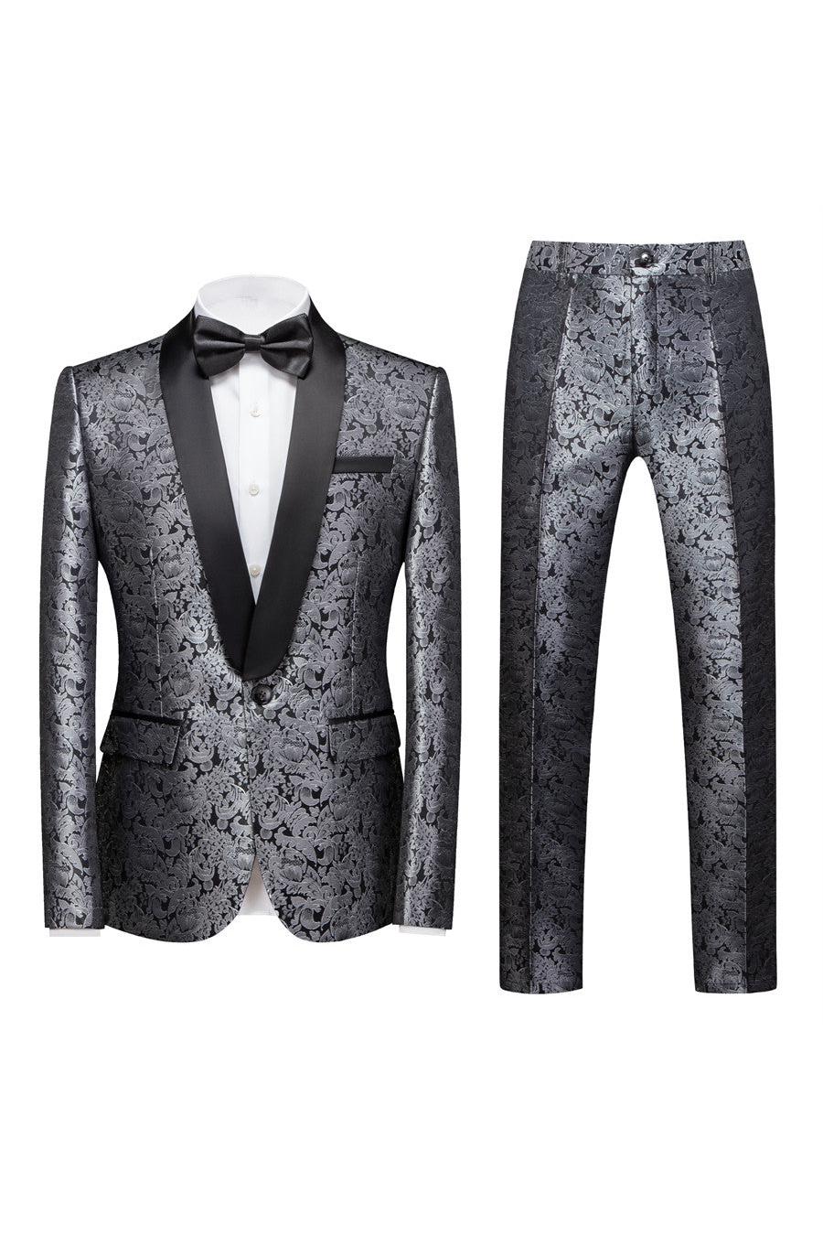 Unique Silver Jacquard Wedding Suit for Men with Shawl Lapel and One Button-BallBride