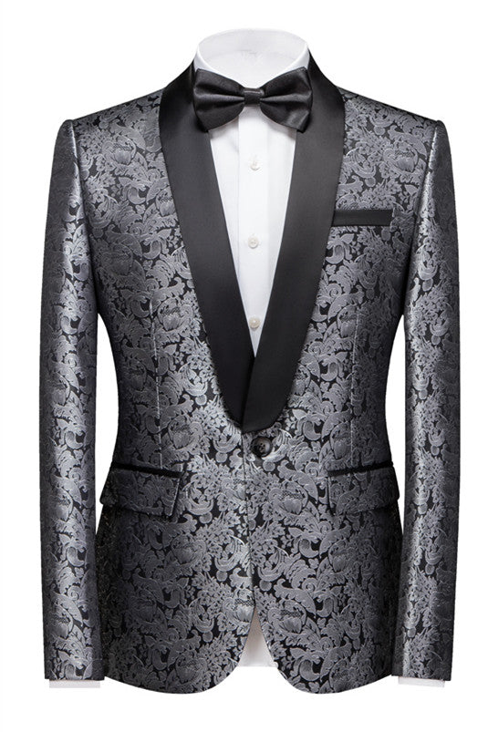 Unique Silver Jacquard Wedding Suit for Men with Shawl Lapel and One Button-BallBride