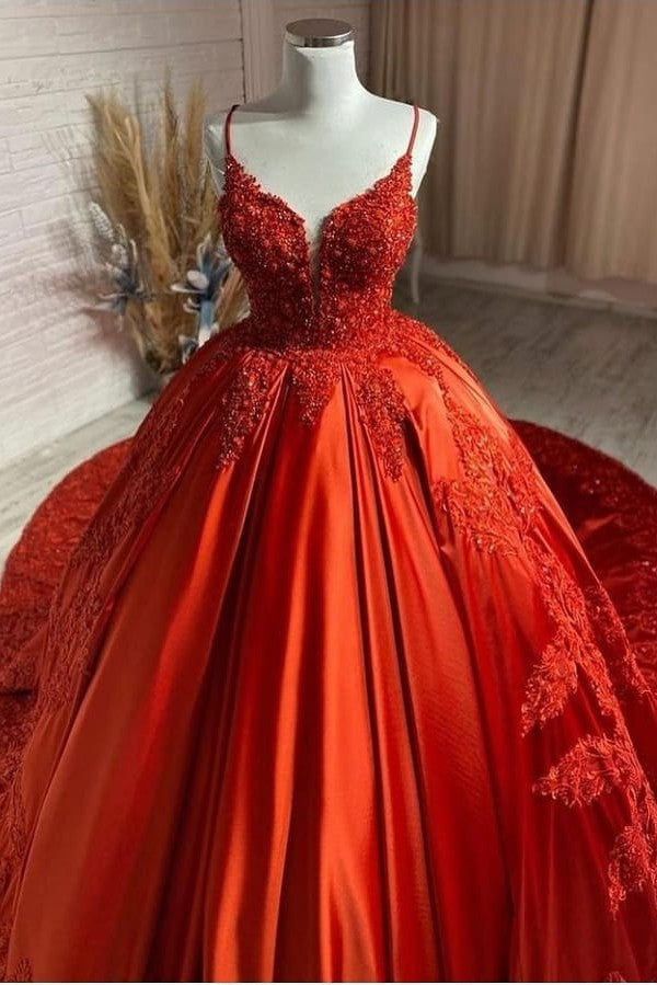 Unique Sweetheart Spaghetti Straps Backless Satin Wedding Dress with Appliques Lace-BallBride