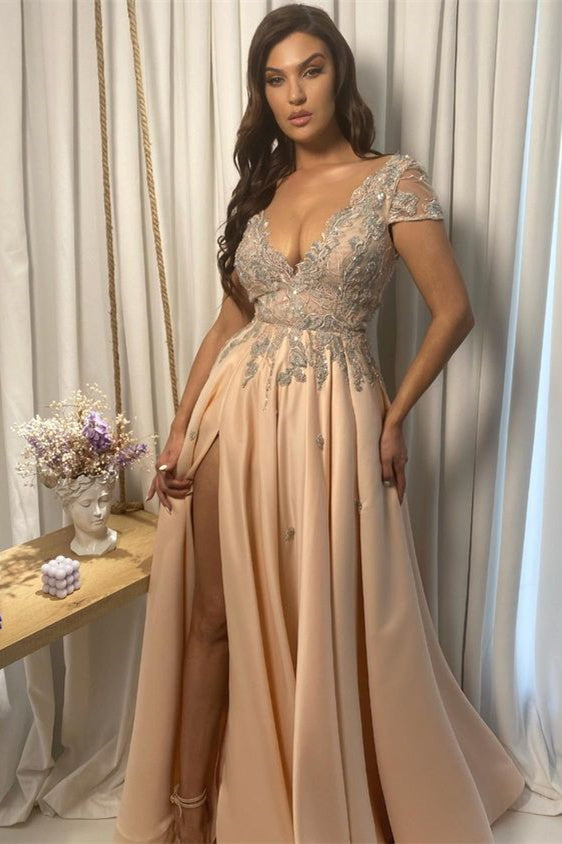 V Neck A Line Evening Dress with Split for Pregnancy-BallBride