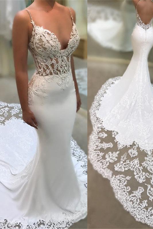 V-Neck Applique Spaghetti-Straps Mermaid Wedding Dress-BallBride