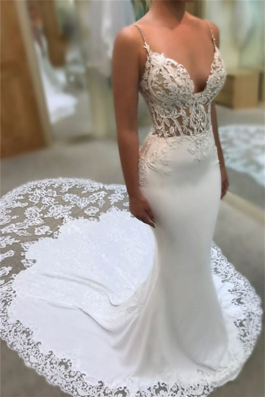 V-Neck Applique Spaghetti-Straps Mermaid Wedding Dress-BallBride
