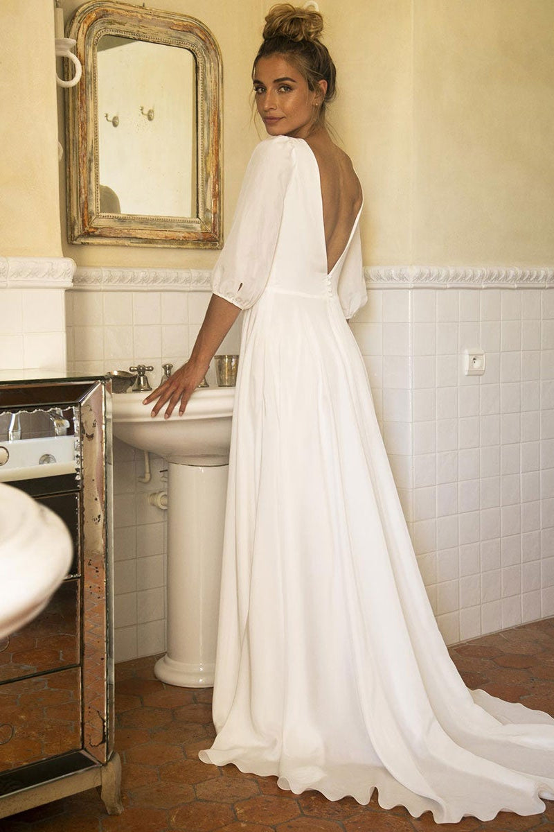 V-Neck Half Dress for Your Special Day - Sleeves Wedding Dress-BallBride