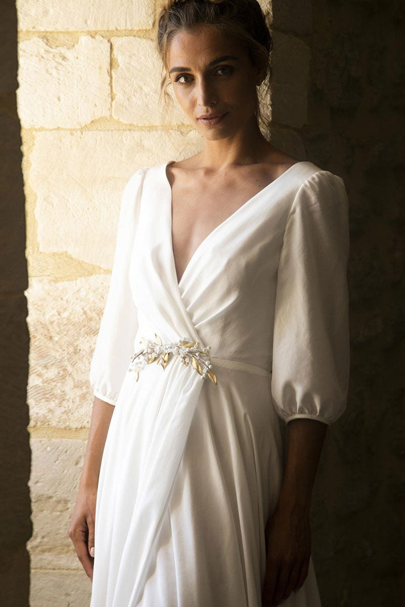 V-Neck Half Dress for Your Special Day - Sleeves Wedding Dress-BallBride
