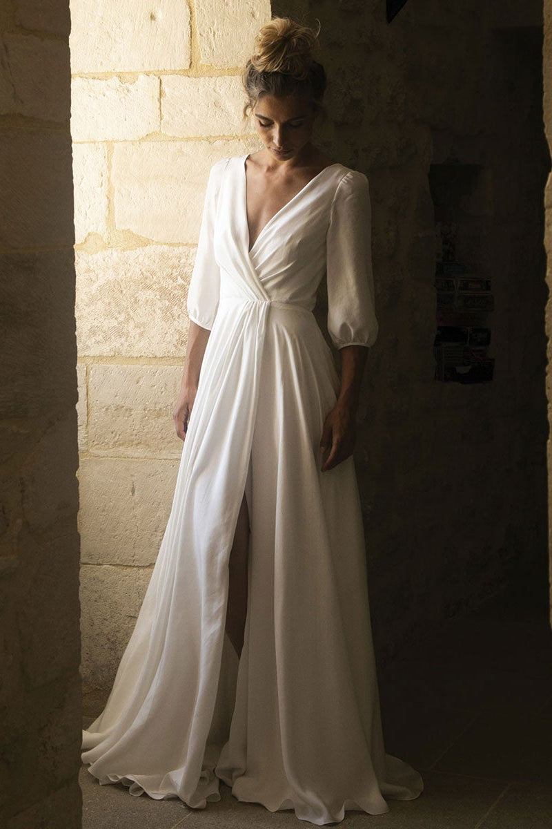 V-Neck Half Dress for Your Special Day - Sleeves Wedding Dress-BallBride