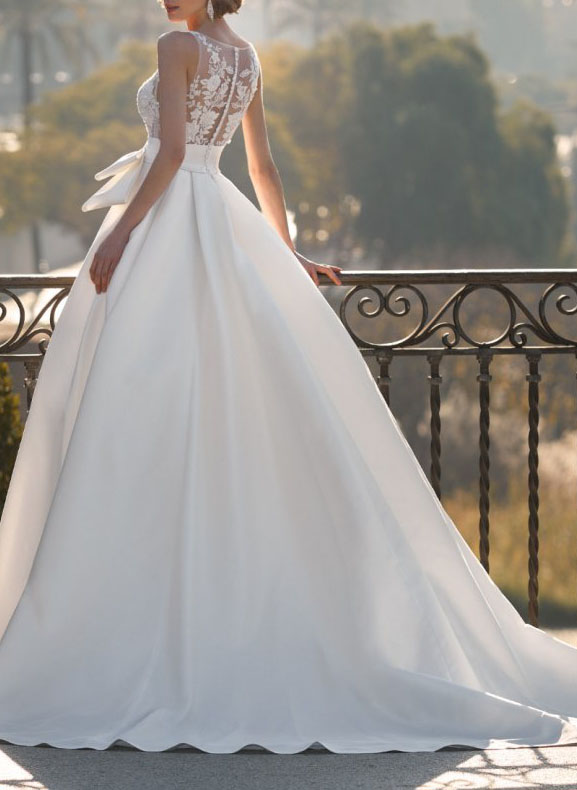 V-Neck Lace Satin Ball-Gown Wedding Dresses-Ballbride
