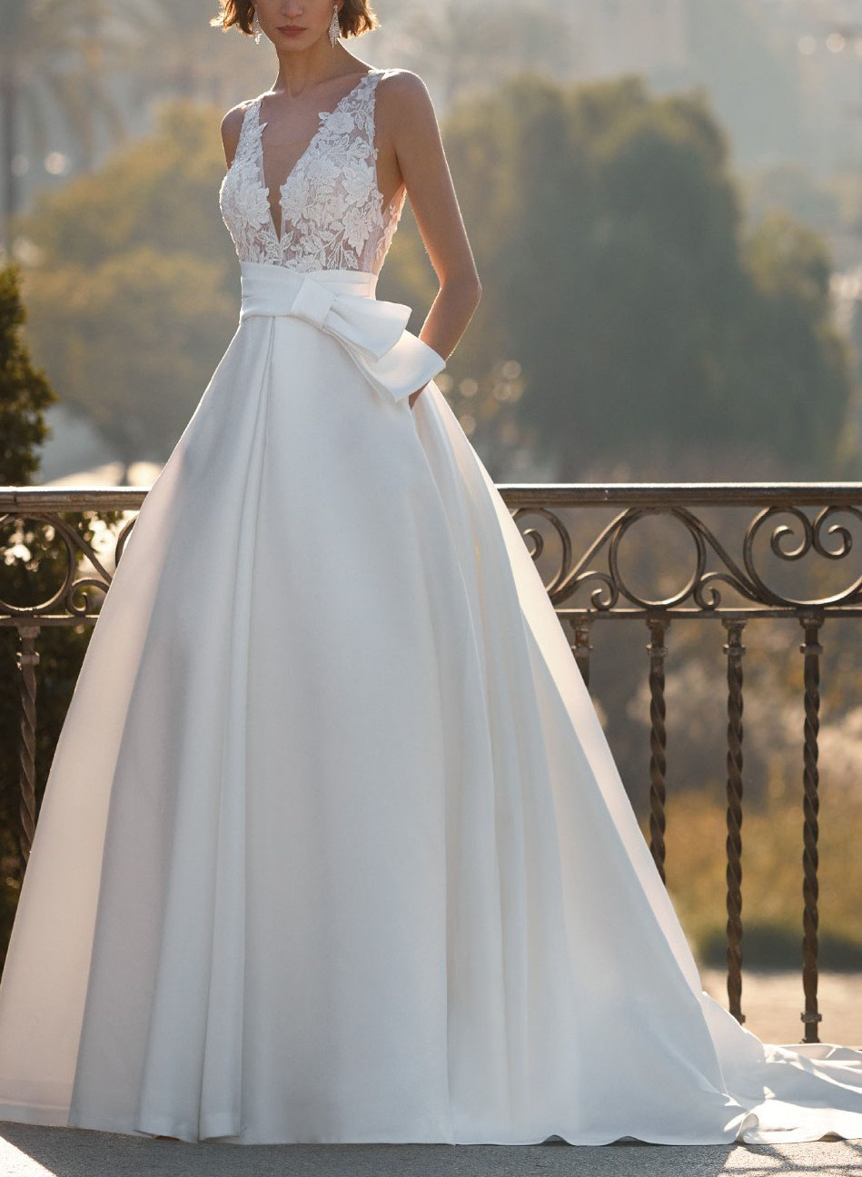 V-Neck Lace Satin Ball-Gown Wedding Dresses-Ballbride