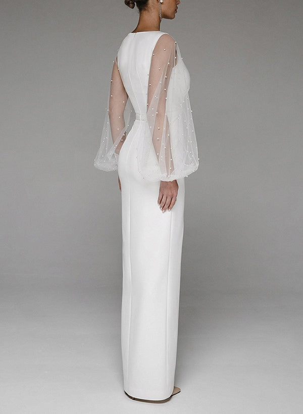 V-Neck Long Sleeve Floor-Length Wedding Dresses-Ballbride