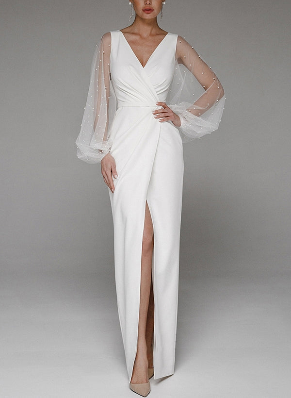 V-Neck Long Sleeve Floor-Length Wedding Dresses-Ballbride