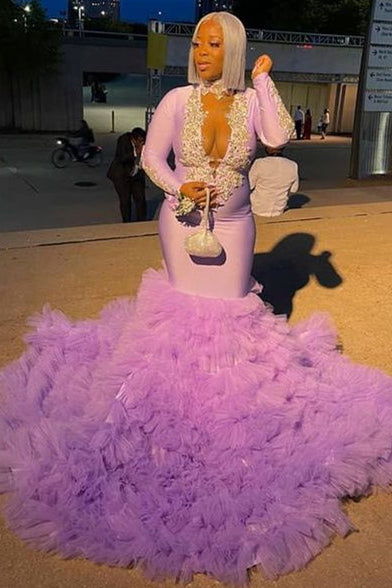 V-Neck Long Sleeve Mermaid Prom Dress with Tulle Trumpet and Appliques-BallBride
