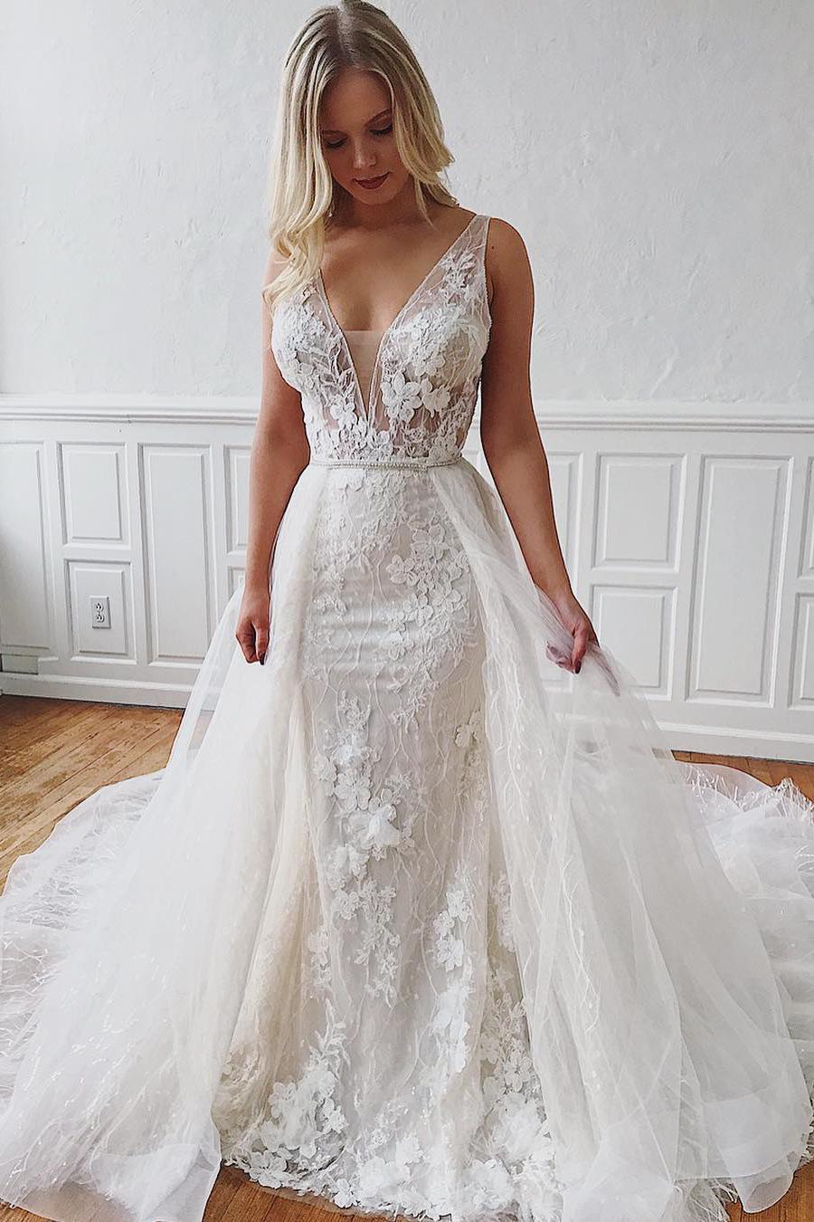 V-Neck Mermaid Detachable Wedding Dress With Glamorous Straps and Lace-BallBride