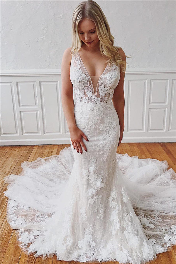 V-Neck Mermaid Detachable Wedding Dress With Glamorous Straps and Lace-BallBride