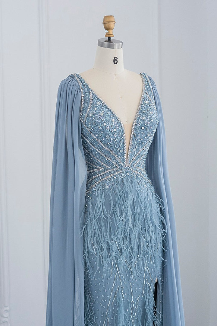 V Neck Mermaid Evening Dress with Feathers and Open Backside Split-BallBride