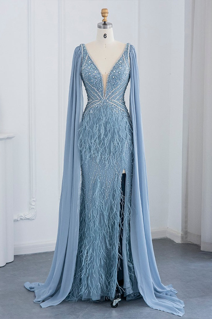 V Neck Mermaid Evening Dress with Feathers and Open Backside Split-BallBride