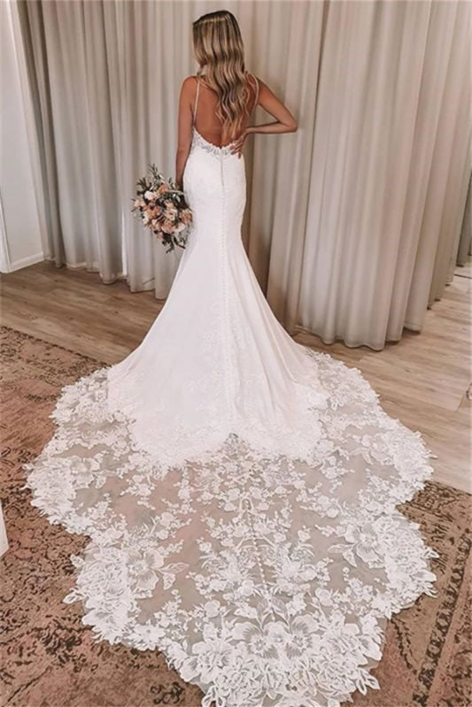 V-Neck Mermaid Lace Appliques Wedding Dress with Spaghetti-Straps and Backless Design-BallBride