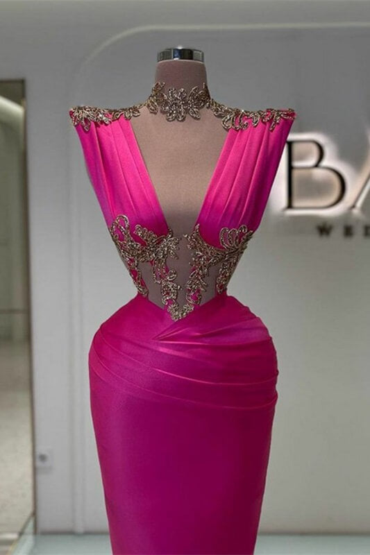 V-Neck Mermaid Portrait Sleeveless Satin Appliques Lace Prom Dress-BallBride