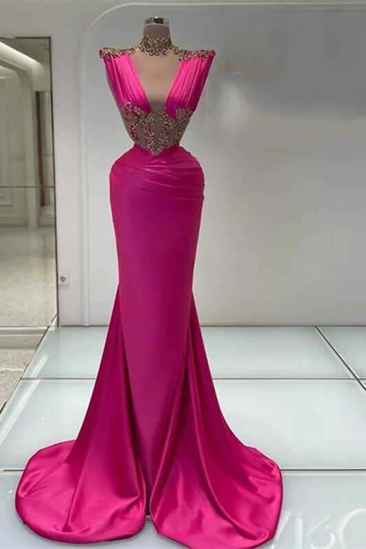 V-Neck Mermaid Portrait Sleeveless Satin Appliques Lace Prom Dress-BallBride