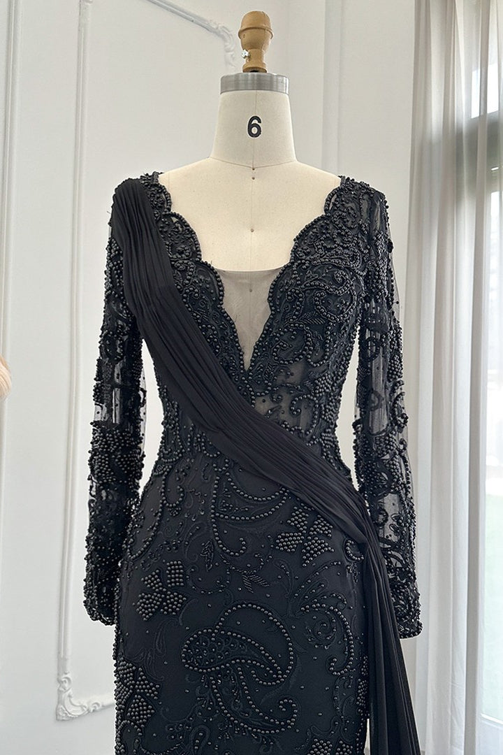 V Neck Mermaid Prom Dress with Appliques, Ruffles, and Long Sleeves - Black-BallBride