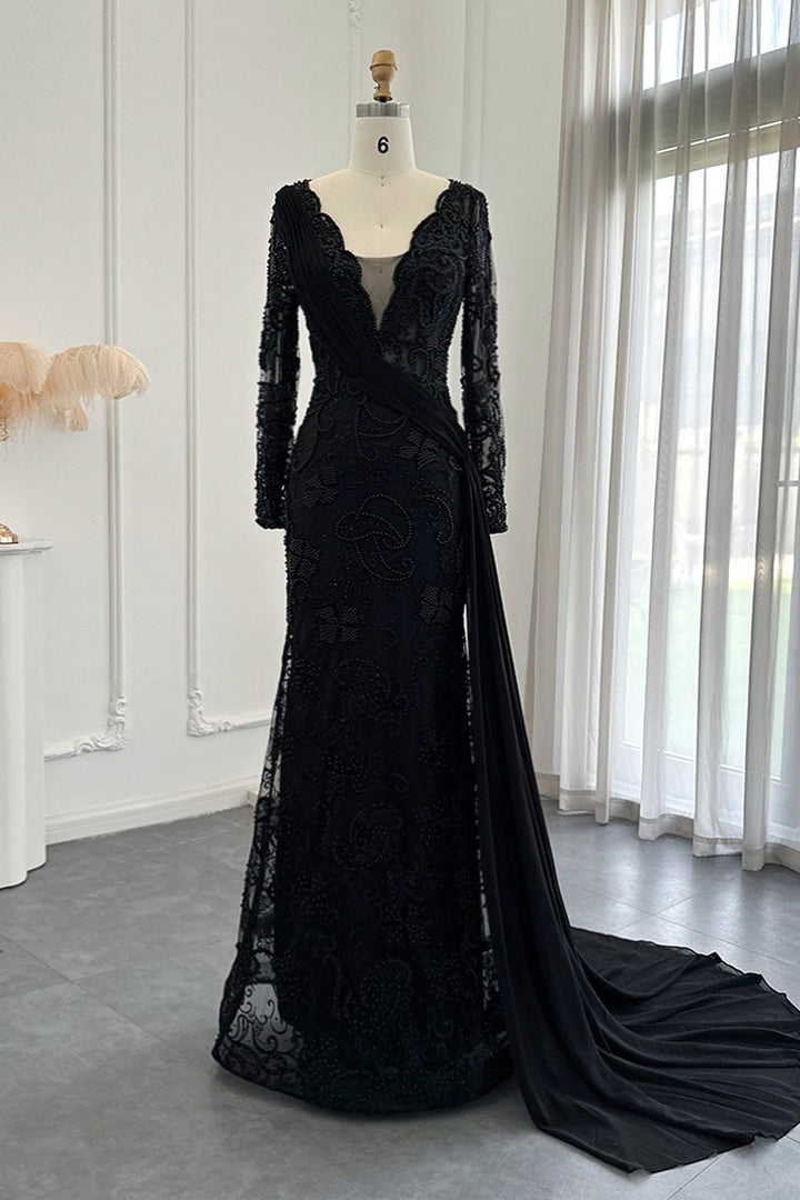 V Neck Mermaid Prom Dress with Appliques, Ruffles, and Long Sleeves - Black-BallBride