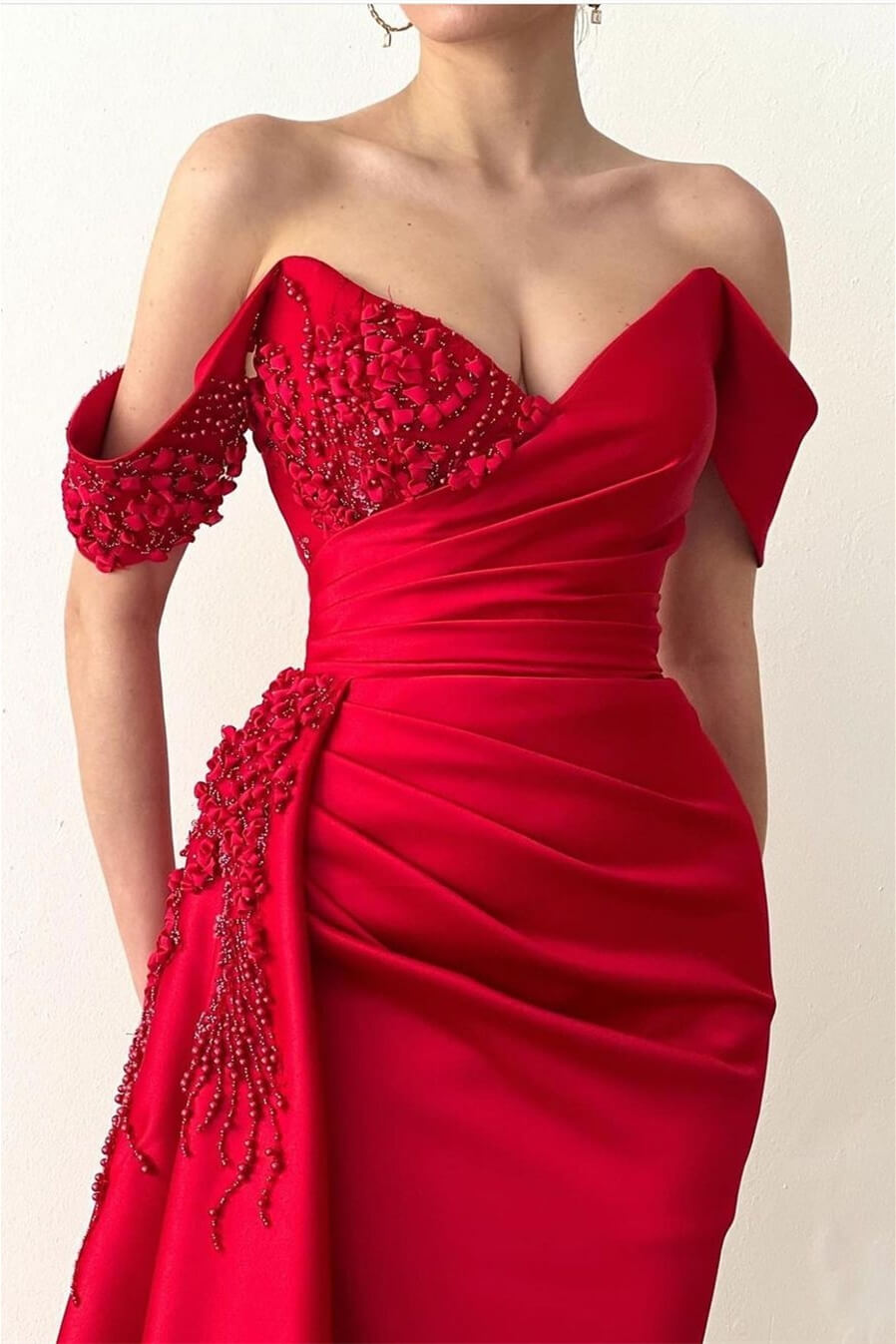 V-Neck Off-The-Shoulder Red Mermaid Prom Dress With Ruffles and Beadings-BallBride