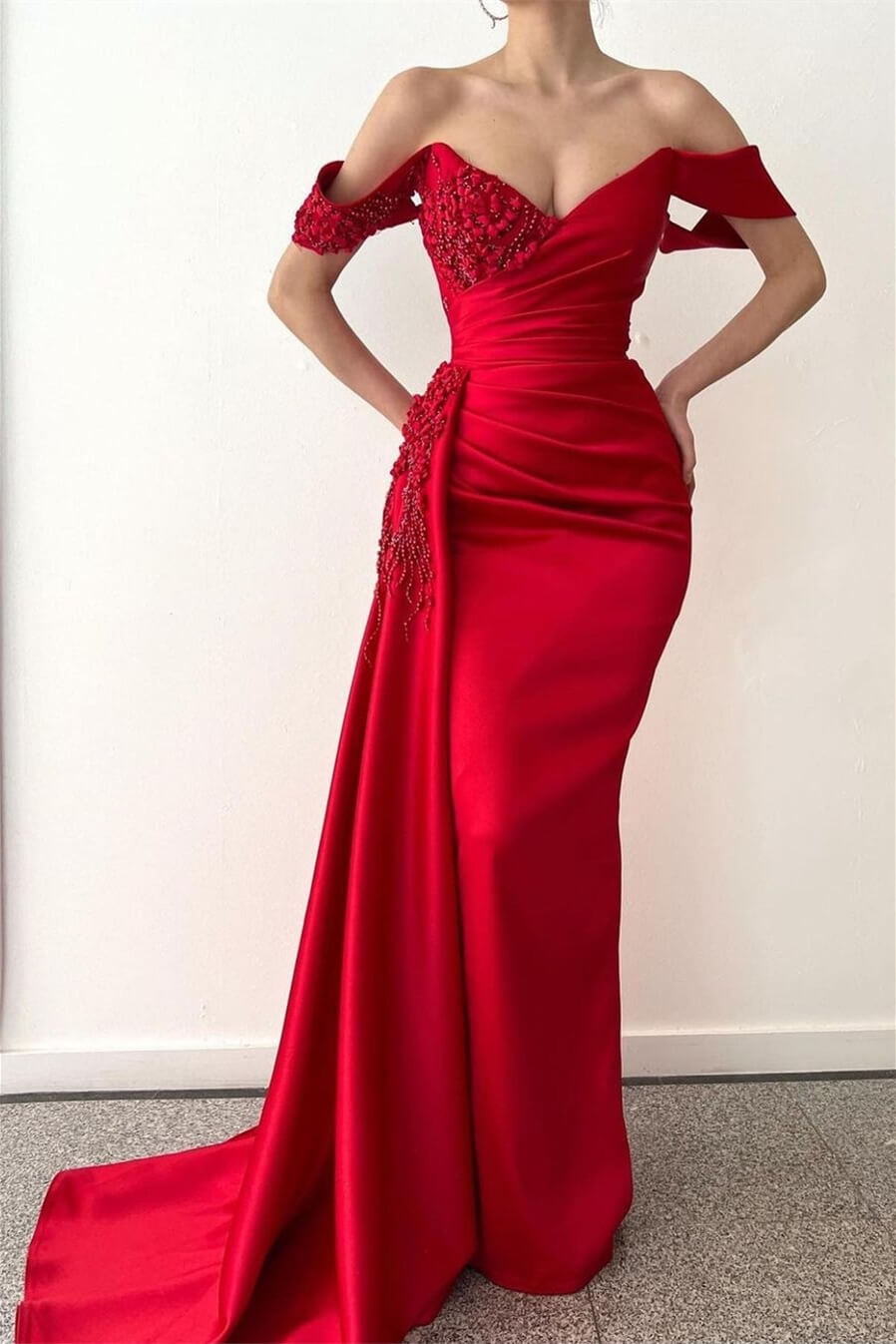V-Neck Off-The-Shoulder Red Mermaid Prom Dress With Ruffles and Beadings-BallBride