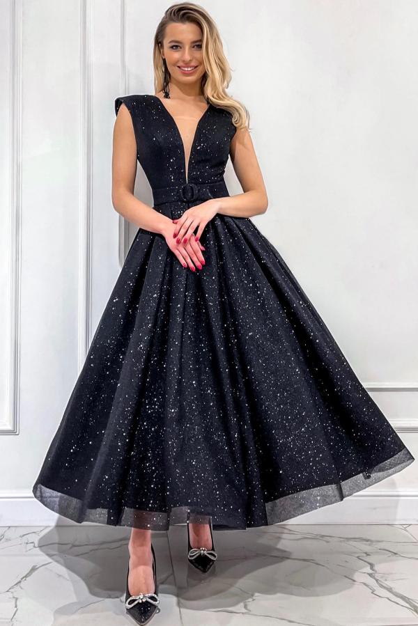 V Neck Open Back Long A Line Draped Tulle Prom Dress with Sequins-BallBride