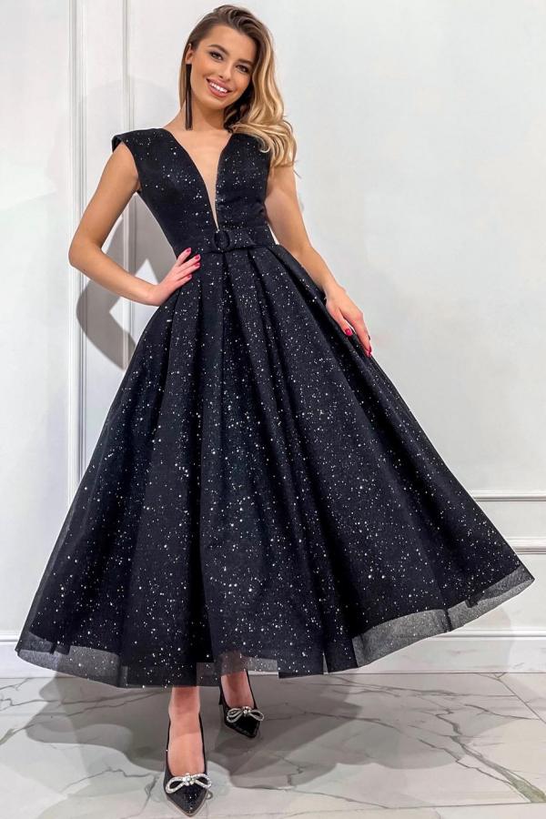 V Neck Open Back Long A Line Draped Tulle Prom Dress with Sequins-BallBride