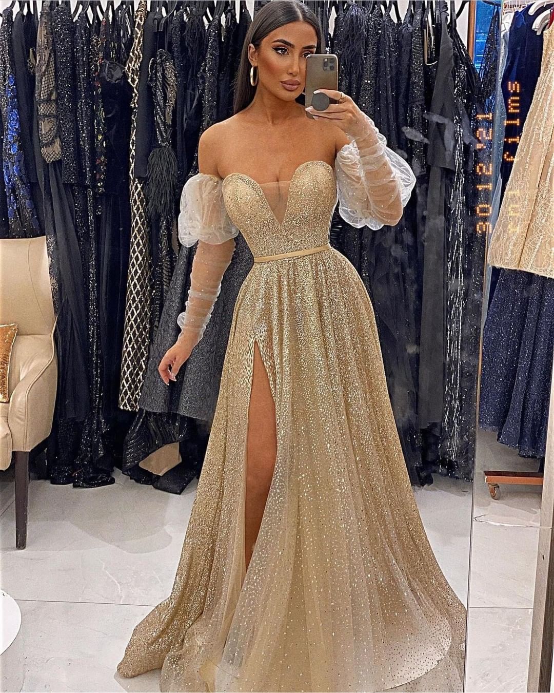 V-Neck Sequins Evening Gown With Front Split and Long Sleeves-BallBride