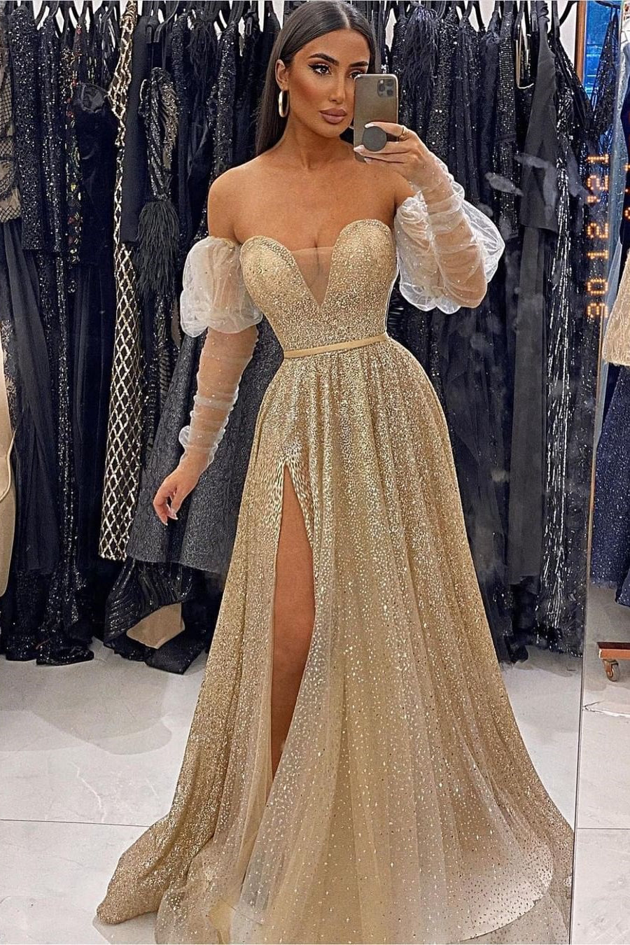 V-Neck Sequins Evening Gown With Front Split and Long Sleeves-BallBride