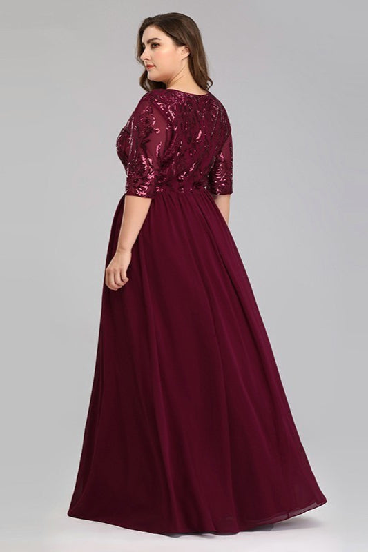 V-Neck Sequins Plus Size Prom Dress ¨C Burgundy, Long With Short Sleeves Online-BallBride