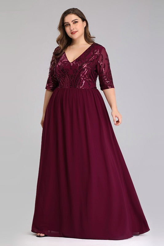 V-Neck Sequins Plus Size Prom Dress ¨C Burgundy, Long With Short Sleeves Online-BallBride