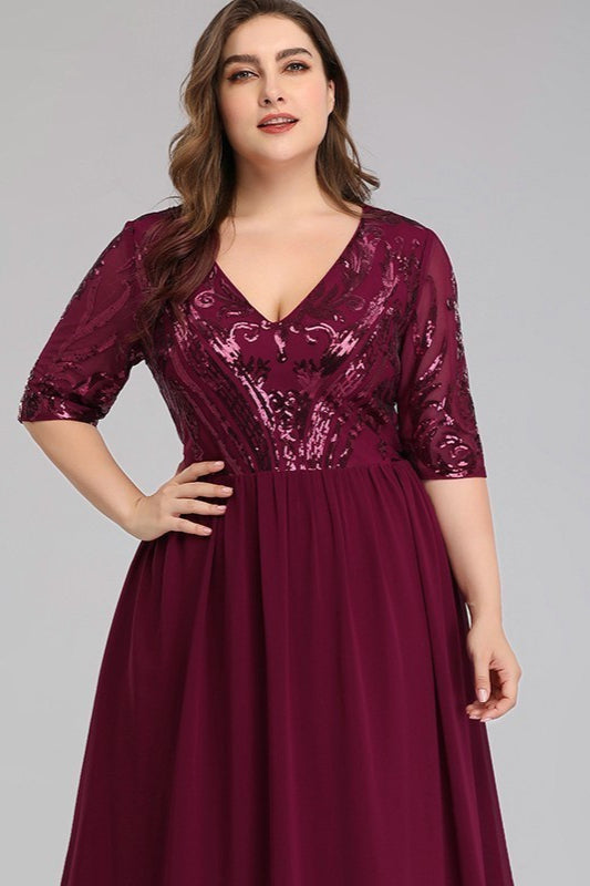 V-Neck Sequins Plus Size Prom Dress ¨C Burgundy, Long With Short Sleeves Online-BallBride