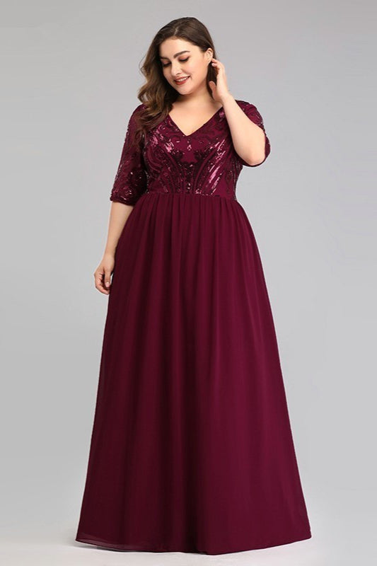 V-Neck Sequins Plus Size Prom Dress ¨C Burgundy, Long With Short Sleeves Online-BallBride