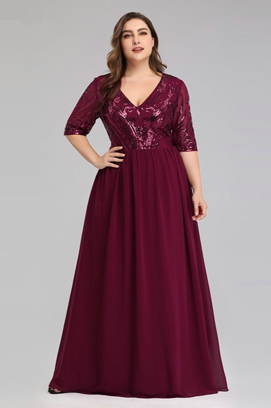 V-Neck Sequins Plus Size Prom Dress ¨C Burgundy, Long With Short Sleeves Online-BallBride