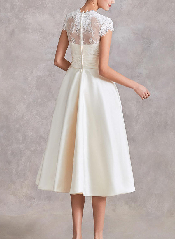 V-Neck Short Sleeves Tea-Length Satin Wedding Dresses Lace-Ballbride