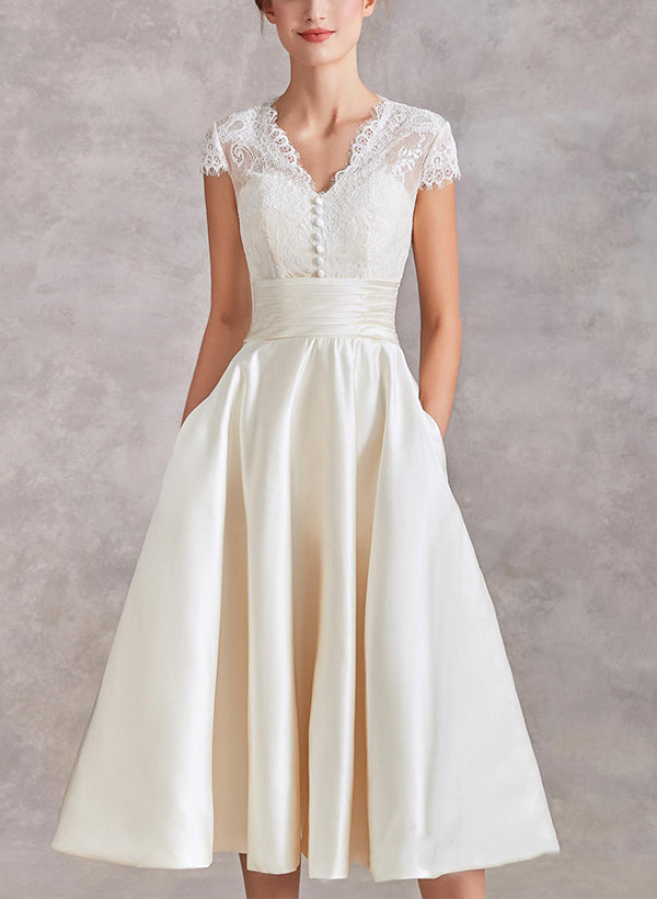 V-Neck Short Sleeves Tea-Length Satin Wedding Dresses Lace-Ballbride
